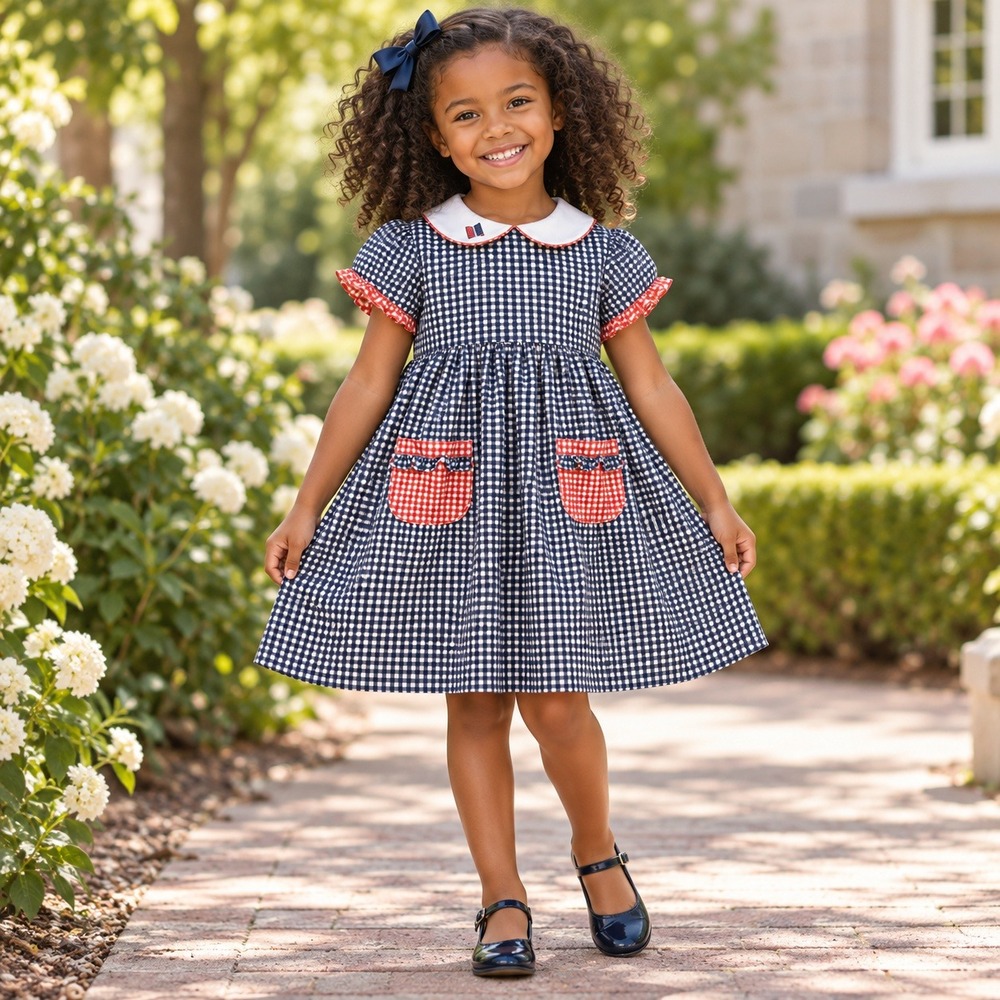Dondolo Gingham Peter Pan Collar Dress Navy Red White 6Y Embroidered Book Pocket
